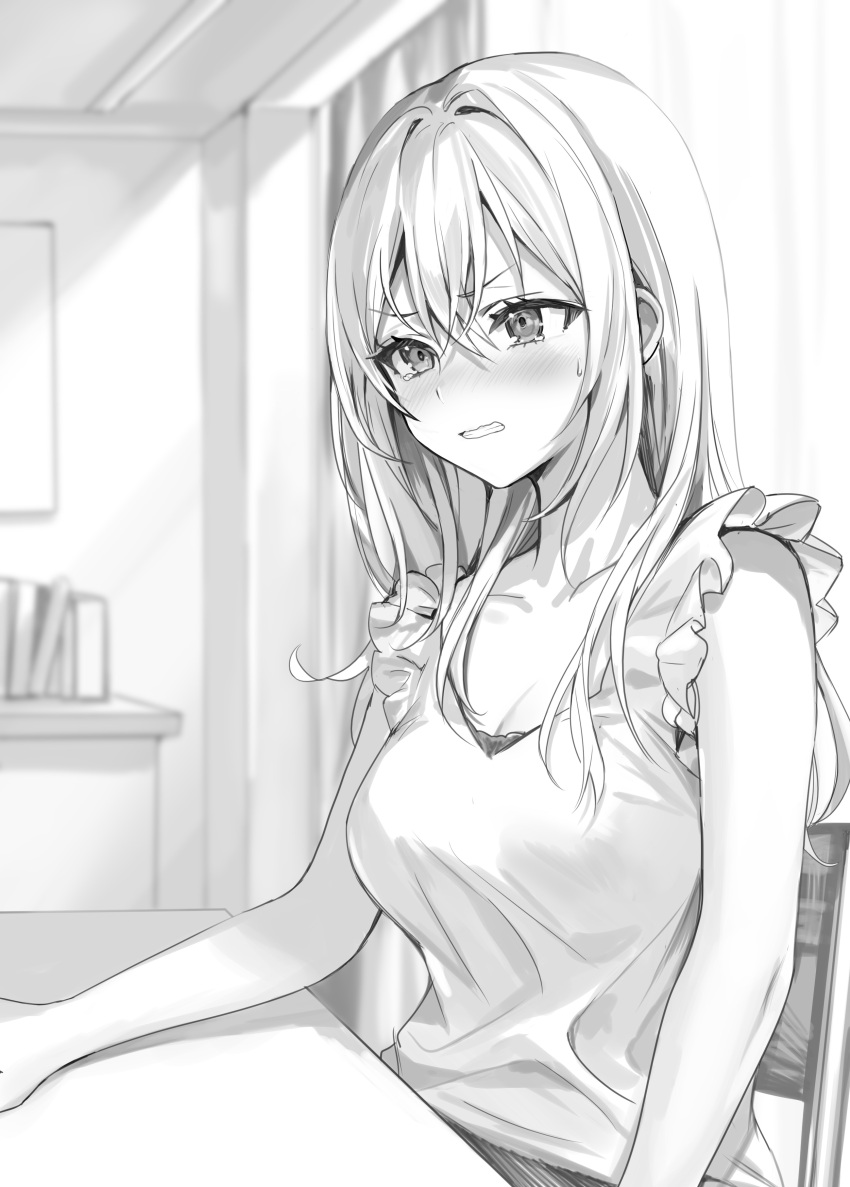 1girl :s absurdres arm_on_table averting_eyes bare_arms blush book bookshelf breasts chair cleavage clenched_teeth collarbone commentary_request crossed_bangs cupboard curtains day drawing_(object) embarrassed frilled_shirt frilled_sleeves frills hair_intakes hair_over_shoulder highres indoors long_hair medium_breasts momoko_(momopoco) open_mouth parted_bangs shirt sidelocks sitting sleeveless sleeveless_shirt sweatdrop table teardrop tearing_up teeth tokidoki_bosotto_roshia-go_de_dereru_tonari_no_alya-san window
