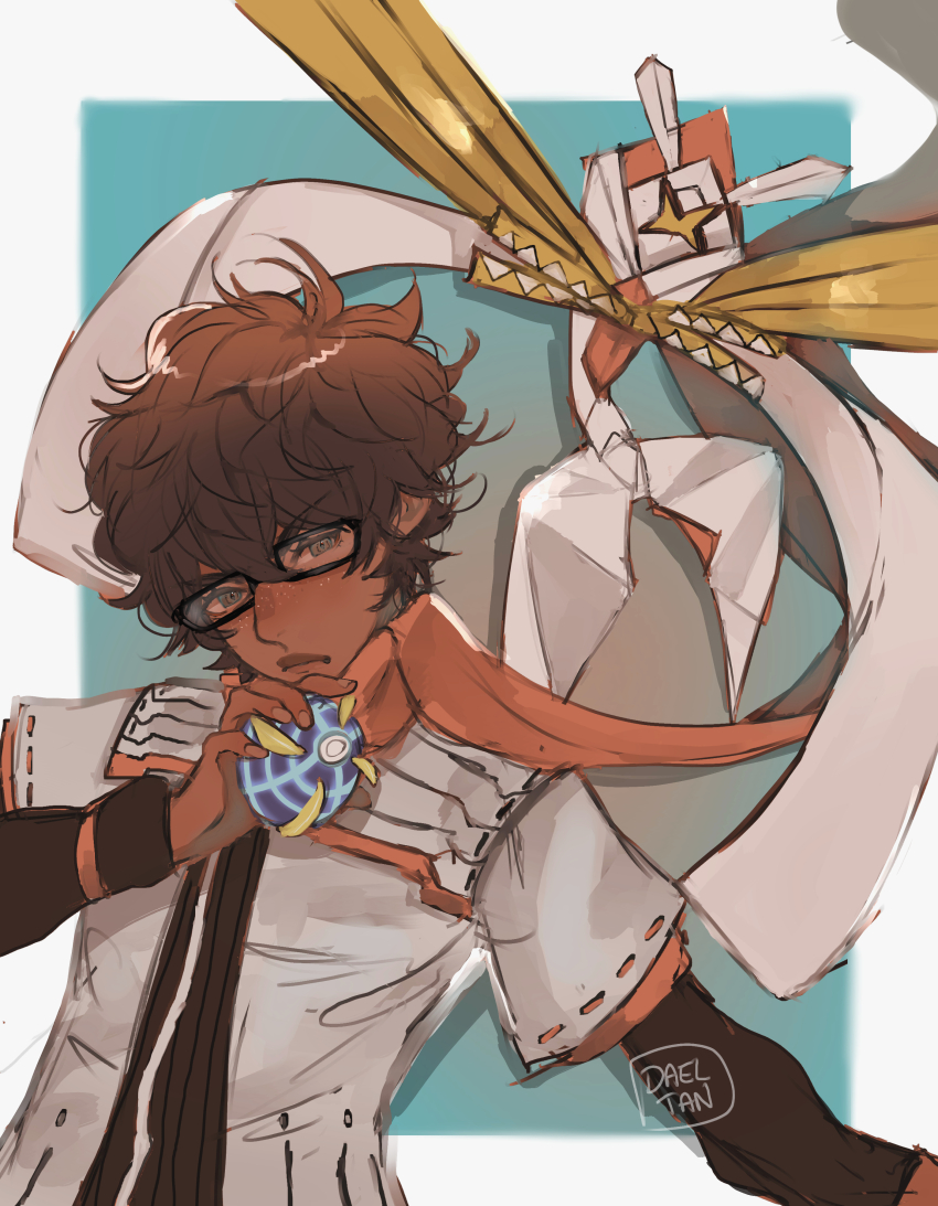1boy absurdres brown_hair crossover dadeltan dark-skinned_male dark_skin gen_7_pokemon glasses highres holding holding_poke_ball jacket kartana male_focus mondo_(xenoblade_3) nintendo orange_scarf origami poke_ball pokemon pokemon_(creature) pokemon_sm scarf taion_(xenoblade) ultra_beast wavy_hair white_jacket xenoblade_chronicles_(series) xenoblade_chronicles_3