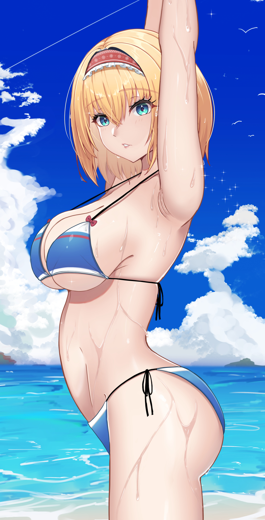 1girl absurdres alice_margatroid armpits arms_up ass beach bikini blonde_hair blue_bikini blue_eyes blue_sky breasts cloud cowboy_shot day hairband highres horizon hossy large_breasts ocean outdoors red_hairband short_hair side-tie_bikini_bottom sky solo stretching swimsuit touhou wet