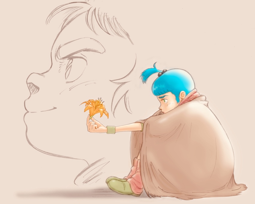 1girl absurdres aobito_sukoyaka_bystander blue_hair brown_cloak cloak flower green_footwear hair_bobbles hair_ornament highres holding holding_flower jiron_amos profile rag_uralo sentou_mecha_xabungle simple_background sitting smile thick_eyebrows wristband