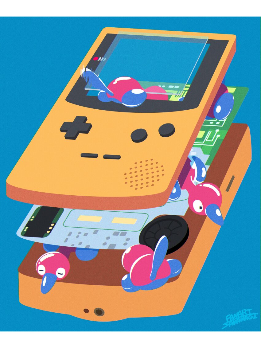 absurdres beak blue_background cross-section d-pad game_boy game_boy_color gen_2_pokemon glitch handheld_game_console highres motherboard nintendo pokemon pokemon_(creature) pokemon_focus porygon2 push-button sakanagi_(a_r_co) screen speaker tail