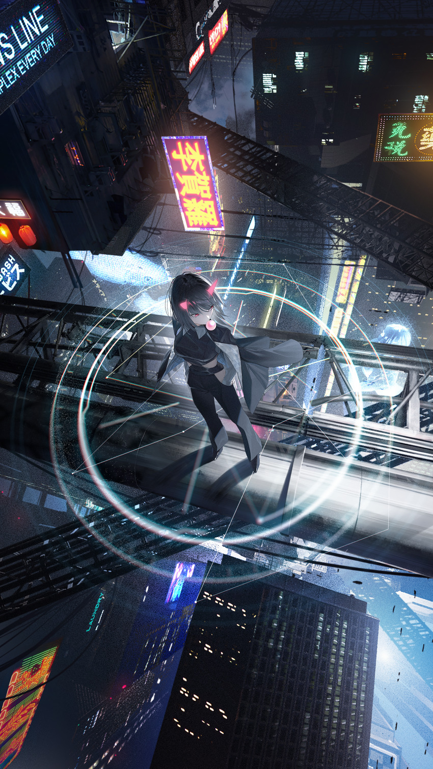 1girl absurdres black_hair black_pants black_shirt building collared_shirt cyberpunk from_above high_heels highres horns jacket jacket_on_shoulders night original outdoors pants red_eyes road_sign scaffolding science_fiction shirt sign standing tmt