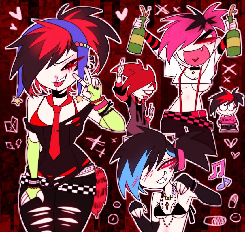 1girl 2000s_(style) alcohol beanie beer beer_bottle black_bra blood blood_on_face bra breasts chess_belt collar crop_top cross cross_necklace cry_(crydiaa) crydiaa_(artist) denim detached_sleeves earrings fang hair_bun hat headphones heart heart-shaped_pupils highres hood hoodie indie_virtual_youtuber jeans jewelry middle_finger musical_note necklace necktie pants purple_hair red_bra red_hair red_necktie scarf scene_cry south_park_(style) striped_sleeves suspenders symbol-shaped_pupils torn_clothes torn_jeans torn_pants underboob underwear v v-shaped_eyebrows