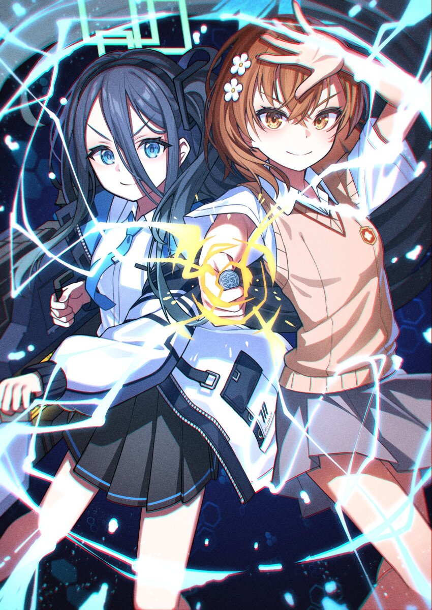 2girls absurdres black_hair black_skirt blue_archive brown_hair coin dress grey_skirt halo highres jacket lightning long_hair magnetic_weapon misaka_mikoto multiple_girls railgun railgun_(misaka_mikoto) shirt short_hair skirt sleeveless sleeveless_sweater sweater toaru_kagaku_no_railgun toaru_majutsu_no_index twitter tyobis. white_jacket white_shirt yellow_eyes