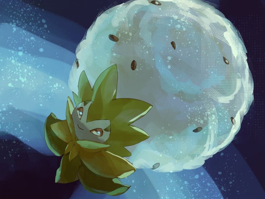 animal_focus blue_background brown_eyes closed_mouth eldegoss full_body fusenryo gen_8_pokemon looking_at_viewer nintendo no_humans outdoors pokemon pokemon_(creature) seed simple_background sky smile solo