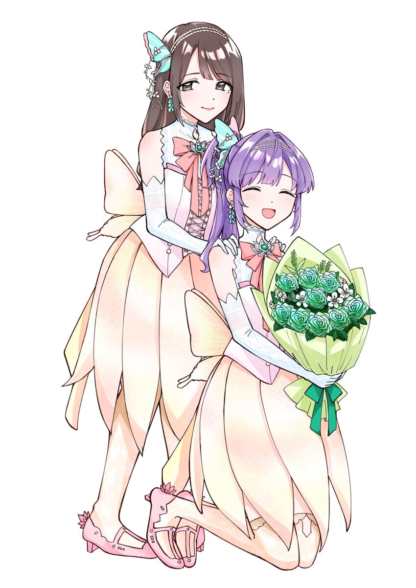 2girls :d ^_^ animification aurora_flower_(love_live!) bare_shoulders bead_hairband bouquet brown_eyes brown_hair butterfly_hair_ornament butterfly_wings closed_eyes commentary_request cross-laced_clothes cross-laced_top elbow_gloves fake_wings flower flower_stand_art full_body gloves green_flower green_rose hair_bun hair_intakes hair_ornament hairband hanamiya_nina hands_on_another&#039;s_shoulders high_heels highres holding holding_bouquet insect_wings kneeling link!_like!_love_live! long_hair love_live! medium_skirt mole mole_under_eye multiple_girls official_alternate_costume open_mouth orange_skirt orange_thighhighs orange_wings otomune_kozue over-kneehighs pink_shirt pink_shoes pleated_skirt ponytail purple_hair real_life rose second-party_source shirt shoes sidelocks simple_background single_hair_bun skirt sleeveless sleeveless_shirt smile standing thighhighs virtual_youtuber voice_actor voice_actor_connection white_background white_flower white_gloves white_hairband wings zangemiya