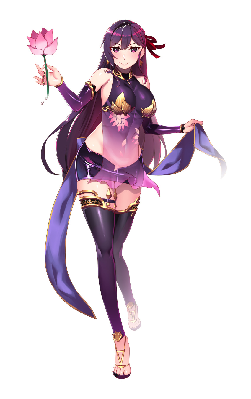 1girl absurdres alternate_costume bare_shoulders breasts cosplay detached_sleeves dress earrings fate/grand_order fate_(series) female_admiral_(kancolle) female_focus flower full_body hair_ribbon hiememiko highres holding holding_flower jewelry kama_(fate) kama_(fate)_(cosplay) kama_(first_ascension)_(fate) kantai_collection large_breasts long_hair looking_at_viewer purple_dress purple_eyes purple_hair purple_thighhighs red_ribbon ribbon see-through_clothes solo thighhighs zettai_ryouiki