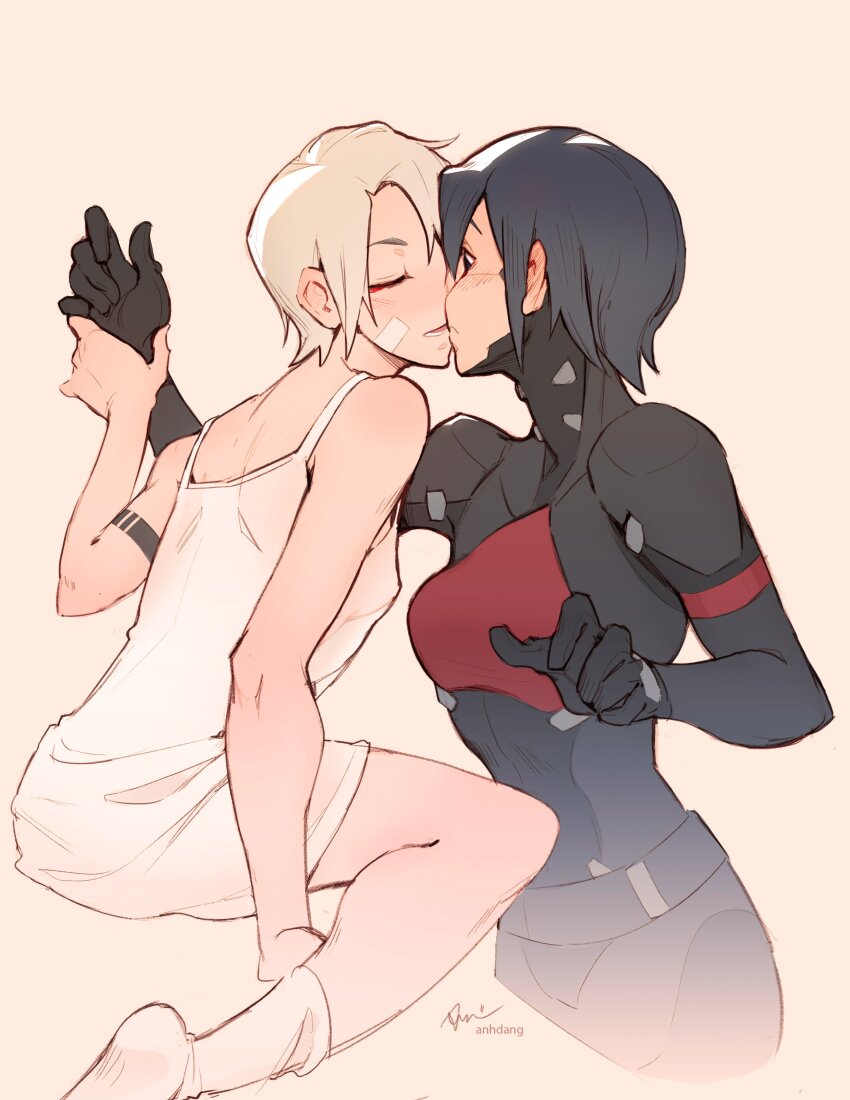 2girls absurdres android anh_dang ariane_yeong black_hair camisole closed_eyes cyberpunk elster_(signalis) highres joints kiss metal_skin multiple_girls robot_girl robot_joints science_fiction short_hair signalis white_hair yuri