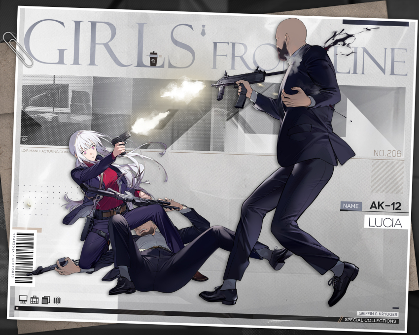 1girl 2boys ak-12 ak-12_(girls&#039;_frontline) ak-12_(lucia)_(girls&#039;_frontline) assault_rifle barcode beard belt black_jacket black_pants black_shoes blood brown_shoes buckle business_suit commentary duoyuanjun english_commentary facial_hair fighting firing formal_clothes girls&#039;_frontline grey_hair gun h&amp;k_mp7 handgun henchmen highres holding holding_gun holding_weapon holster jacket kalashnikov_rifle kneeing long_hair long_sleeves looking_at_another mp-443_grach multiple_boys muzzle_flash necktie office_lady official_alternate_costume official_art open_hand open_mouth pants paperclip parted_lips personal_defense_weapon pink_eyes pistol promotional_art red_shirt rifle second-party_source shirt shoes snap-fit_buckle socks standing standing_on_one_leg submachine_gun suit sunglasses unusually_open_eyes very_long_hair weapon white_necktie white_socks