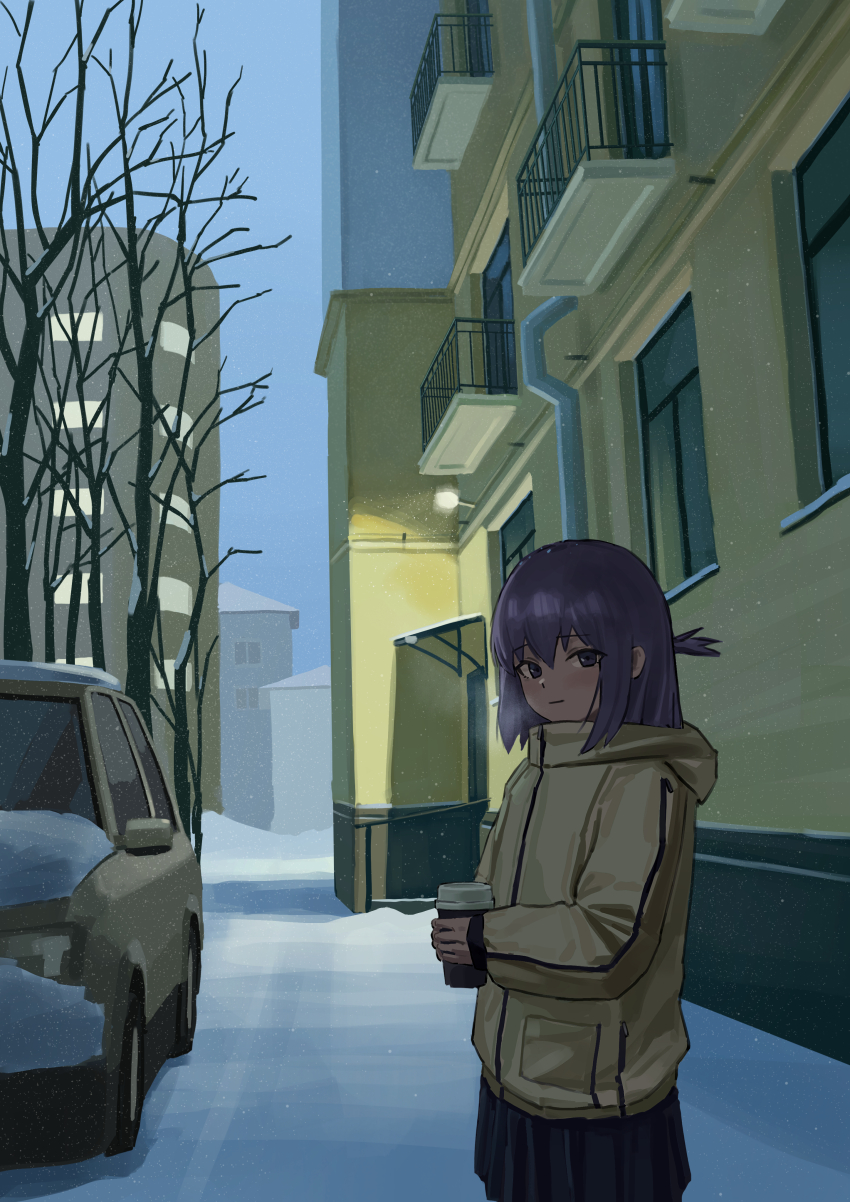 1girl absurdres an_yb apartment bare_tree blue_sky building car cup dawn disposable_cup drainpipe highres holding holding_cup hood hood_down looking_at_viewer medium_hair motor_vehicle original purple_eyes purple_hair shadow sky snow tree window winter