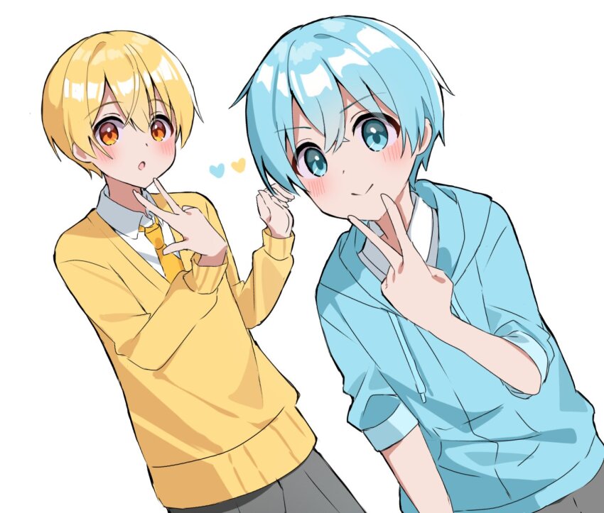 2boys blonde_hair blue_eyes blue_hair blue_jacket blush closed_mouth colon_(stpri) grey_pants hair_between_eyes heart highres hood hooded_jacket jacket kai_(shell) long_sleeves male_focus multiple_boys necktie open_mouth orange_eyes pants root_(stpri) short_hair simple_background smile strawberry_prince sweater v v-neck w white_background yellow_necktie yellow_sweater