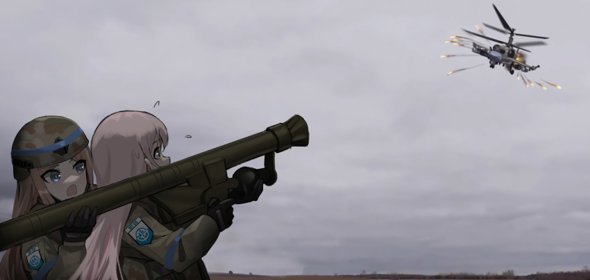 2girls absurdres afu_(amzs8345) aiming aircraft attack_helicopter bang_dream! bang_dream!_it&#039;s_mygo!!!!! blue_eyes brown_hair chihaya_anon combat_helmet grey_eyes helicopter helmet highres insignia long_hair military_uniform military_vehicle multiple_girls nagasaki_soyo nerv over_shoulder pink_hair rocket_launcher weapon weapon_over_shoulder weapon_request