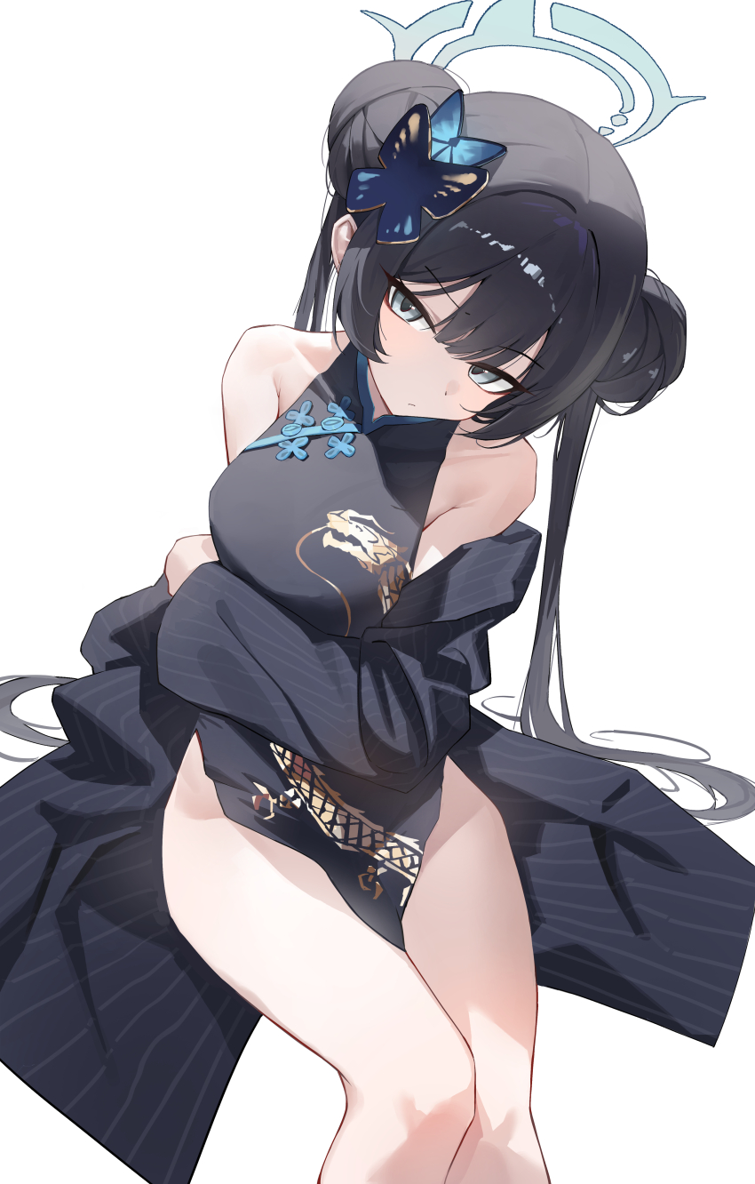 1girl absurdres bare_shoulders black_coat black_dress black_hair blue_archive butterfly_hair_ornament china_dress chinese_clothes closed_mouth coat double_bun dragon_print dress grey_eyes grey_halo hair_between_eyes hair_bun hair_ornament halo head_tilt highres inori_mai kisaki_(blue_archive) loli long_hair long_sleeves looking_at_viewer off_shoulder open_clothes open_coat pelvic_curtain print_dress simple_background sitting sleeveless sleeveless_dress solo striped_coat thighs twintails vertical-striped_coat white_background