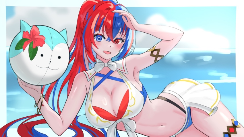 1girl alear_(female)_(fire_emblem) alear_(female)_(seaside_dragon)_(fire_emblem) alear_(fire_emblem) bikini blue_bikini blue_eyes blue_hair breasts character_ball cleavage criss-cross_halter crossed_bangs fire_emblem fire_emblem_engage fire_emblem_heroes gold_armlet halterneck heterochromia large_breasts long_hair multicolored_bikini multicolored_hair multicolored_swimsuit nintendo ocean official_alternate_costume official_alternate_hairstyle outdoors ponytail red_bikini red_eyes red_hair showgirl_skirt solo sommie_(fire_emblem) split-color_hair swimsuit tarutaru193 thighs two-tone_hair very_long_hair white_bikini