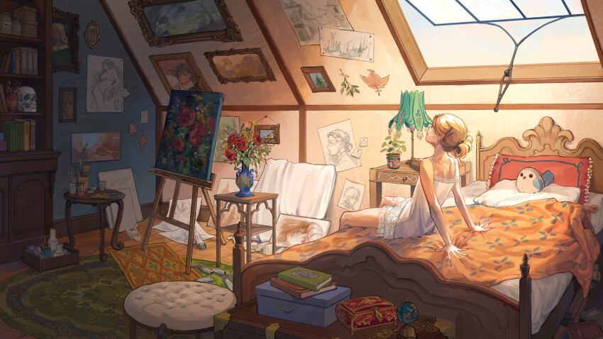 1girl absurdres bed bedroom blonde_hair book book_stack bookshelf easel highres indoors jewelry_box lamp loaded_interior original paint_tube painting_(object) paper picture_frame pillow plant potted_plant scenery shannon_xie shelf sitting sleepwear solo stool stuffed_toy sunlight table vase window