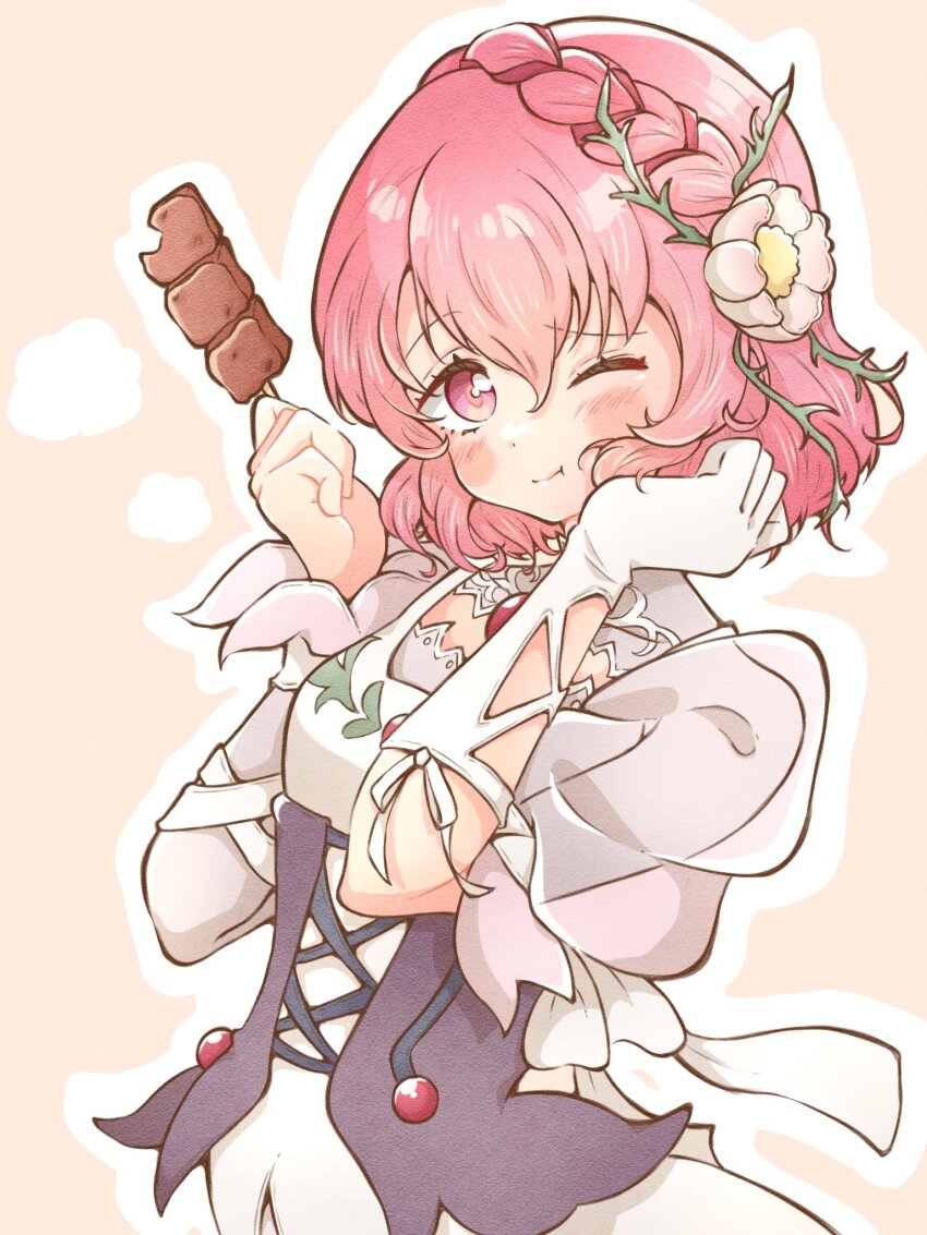 1girl blush braid closed_mouth commentary_request flower food gloves hair_flower hair_ornament highres holding holding_skewer kazunokoumaa_(mymyabyss) meat misella one_eye_closed pink_eyes pink_hair raised_eyebrow short_hair skewer smile solo standing tales_of_(series) tales_of_crestoria white_flower white_gloves