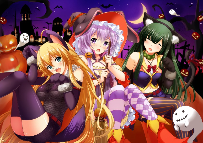 3girls animal_costume animal_ear_fluff animal_ears animal_hands bat_(animal) belt blonde_hair blush bow broom checkered_clothes checkered_legwear collar crescent_moon detached_sleeves dress fang fang_out fluff food-themed_hair_ornament frills fujino_(yoshi9798174) ghost green_eyes green_hair hair_ornament halloween halloween_costume hat highres jack-o&#039;-lantern long_hair looking_at_viewer low_twintails moon multiple_girls night night_sky open_mouth pantyhose pumpkin pumpkin_hair_ornament purple_eyes purple_hair red_bow red_ribbon ribbon sky smile striped_clothes striped_legwear striped_pantyhose tail tail_ornament tail_ribbon thighhighs touhoku_zunko tsurumaki_maki twintails very_long_hair vest vocaloid voiceroid witch_hat yuzuki_yukari