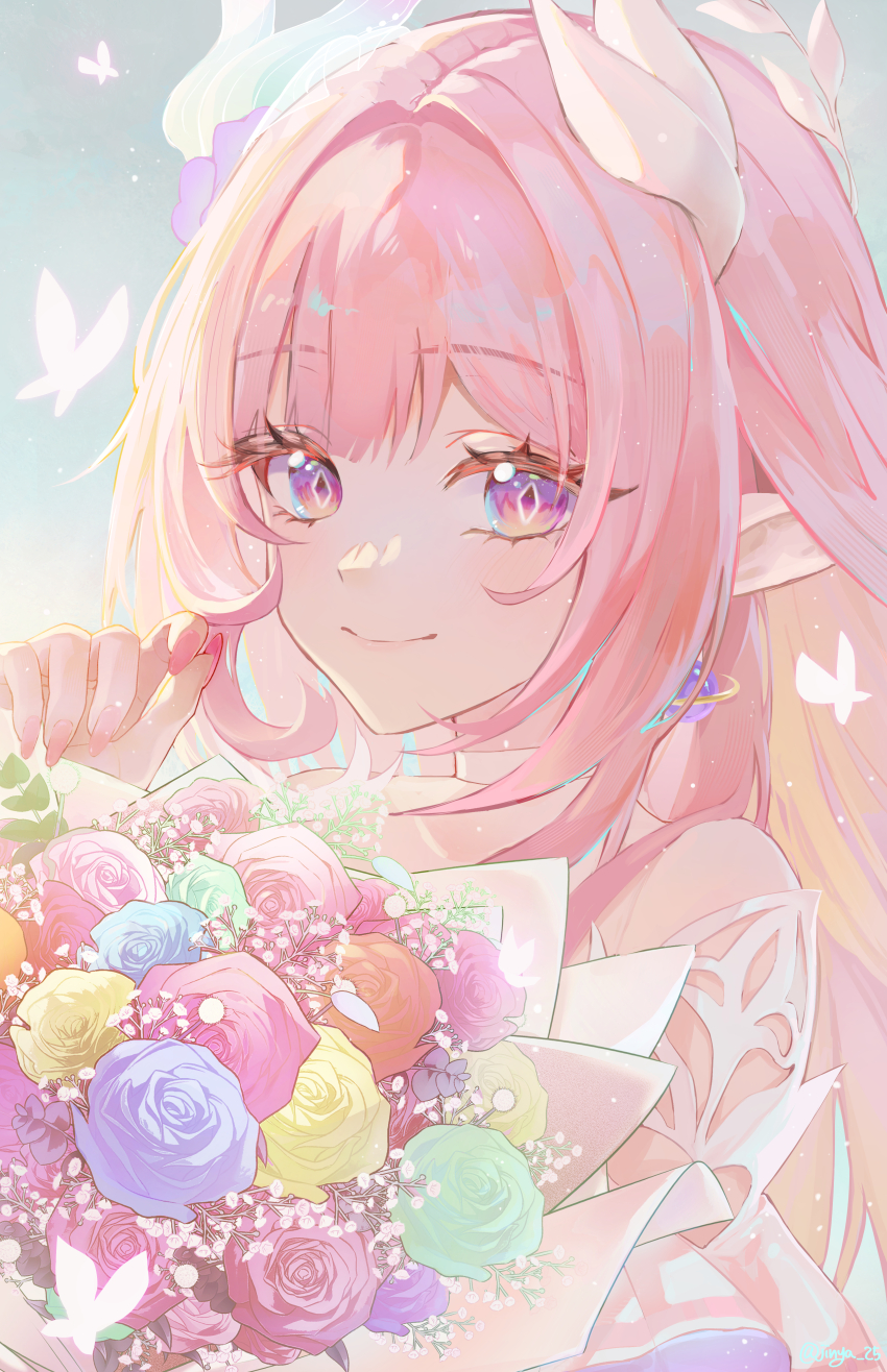 1girl absurdres bare_shoulders bouquet bug butterfly closed_mouth commentary cyrene_(honkai:_star_rail) cyrene_(ripples_of_past_reverie)_(honkai:_star_rail) diamond-shaped_pupils diamond_(shape) fingernails flower highres holding holding_bouquet honkai:_star_rail honkai_(series) insect jinya long_fingernails long_hair looking_at_viewer nail_polish pink_butterfly pink_hair pink_nails pointy_ears purple_eyes signature smile solo symbol-only_commentary symbol-shaped_pupils upper_body