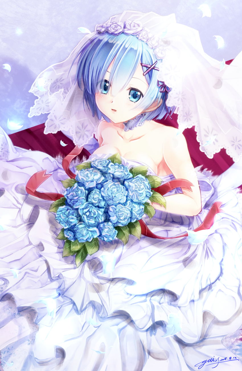 10s 1girl 2016 :d bare_arms bare_shoulders blue_eyes blue_flower blue_hair blue_rose blush bouquet bridal_veil bride collarbone dated dress eyelashes eyes_visible_through_hair female_focus flower glowing hair_flower hair_ornament hair_over_one_eye hair_ribbon hairband happy highres holding holding_bouquet lace layered_dress leaf long_dress looking_at_viewer matching_hair/eyes open_mouth petals purple_ribbon re:zero_kara_hajimeru_isekai_seikatsu red_ribbon rem_(re:zero) ribbon rose short_hair signature smile solo strapless strapless_dress veil wedding_dress white_dress white_flower white_rose x_hair_ornament yuitsuki1206
