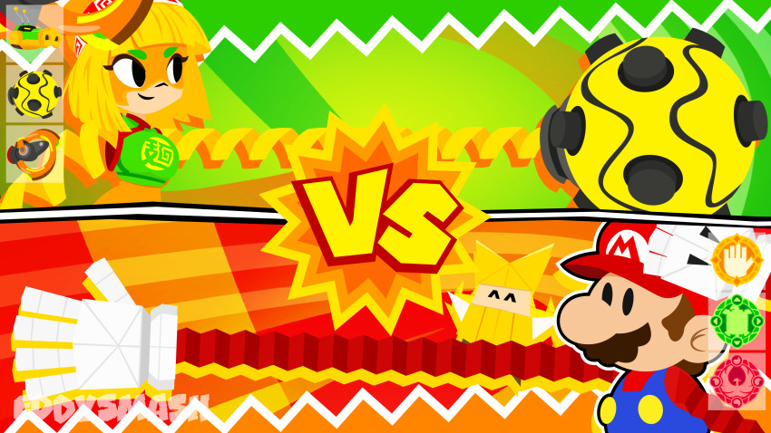 1boy 1girl absurdres arms_(game) artist_name beanie blonde_hair brown_hair eddysmash2407 eye_mask facial_hair hat highres mario mario_(series) megawatt_(arms) min_min_(arms) mustache nintendo olivia_(paper_mario) overalls paper_mario paper_mario:_the_origami_king paper_mario_(character) red_hat short_hair smile extendable_limbs