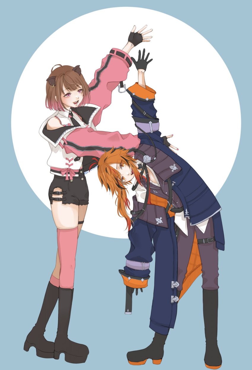 2girls 2iro_ori5 animal_ears black_footwear black_gloves black_hair black_shorts blue_background blue_coat boots brown_hair capybara_ears capybara_girl coat commentary_request fingerless_gloves full_body gloves gradient_background gradient_hair grey_pants grey_vest highres jacket kazami_kuku leaning_to_the_side long_hair long_sleeves looking_at_viewer multicolored_hair multiple_girls nanashi_inc. open_mouth orange_hair pants pink_eyes pink_hair pink_sleeves pink_thighhighs platform_footwear red_hair shirt short_hair shorts smile standing streaked_hair thighhighs two-tone_background vest virtual_youtuber white_jacket white_shirt yunohara_izumi