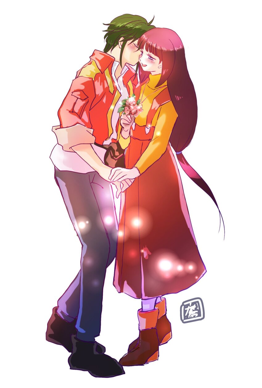 1boy 1girl after_war_gundam_x black_footwear blue_eyes blue_pants blush boots brown_footwear brown_hair couple flower garrod_ran green_hair gundam half-closed_eyes hetero highres holding holding_flower holding_hands jacket kiss kissing_cheek koutaka_yuu light_particles long_hair low-tied_long_hair open_mouth orange_sweater pants red_flower red_jacket red_rose red_skirt rose shirt shirt_tucked_in skirt smile sweater tiffa_adill turtleneck turtleneck_sweater very_long_hair white_shirt