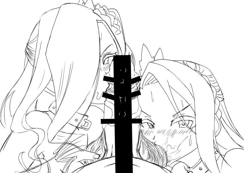 1boy 2girls absurdres asadaya censored dorothee_(grimms_notes) fellatio grimms_notes highres long_hair looking_at_viewer multiple_girls noemie_(grimms_notes) oral penis pov testicle_sucking testicles