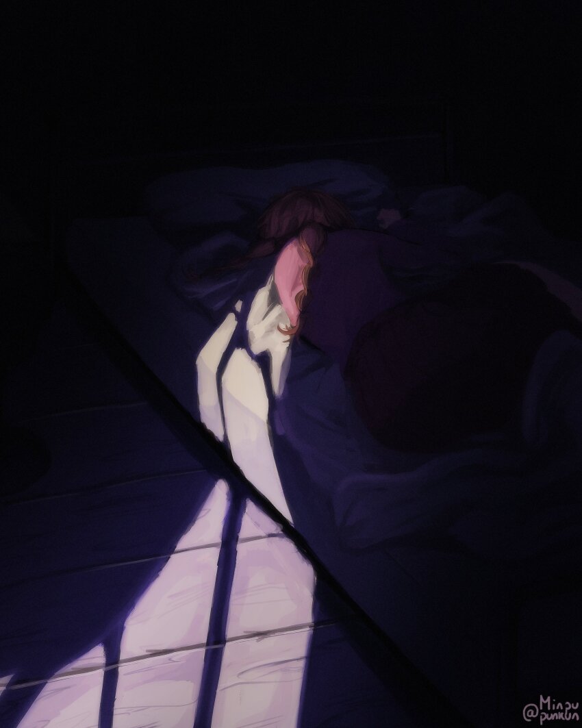 1girl absurdres artist_name bed braid brown_hair crack_of_light dark feet_out_of_frame film_grain from_behind highres long_hair lying madotsuki minpupunkun on_side pink_sweater red_skirt skirt sleeping solo sweater twin_braids yume_nikki