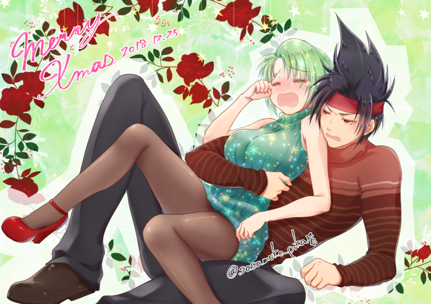 1boy 1girl albert_corraine artist_name black_hair blush breasts brown_eyes brown_pantyhose brown_shoes brown_sweater closed_eyes crying dated diana_rainey flower green_hair green_sweater headband hetero high_heels hug hug_from_behind knee_up medium_breasts merry_christmas on_lap pantyhose red_headband red_shoes sasamuke_pika shoes sitting sleeveless sleeveless_sweater spiked_hair sweater yuukyuu_gensoukyoku