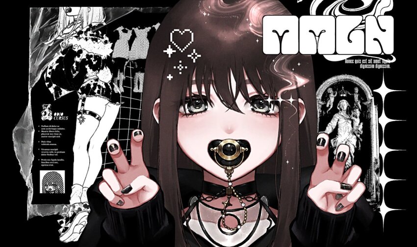 1girl bib black_jacket black_shoes blush brown_hair chain choker full_body hood hoodie jacket long_sleeves looking_at_viewer mamaloni mamaloni_(character) medium_hair o-ring o-ring_choker original oversized_clothes pacifier rosary shoes sleeves_past_fingers sleeves_past_wrists solo thighs