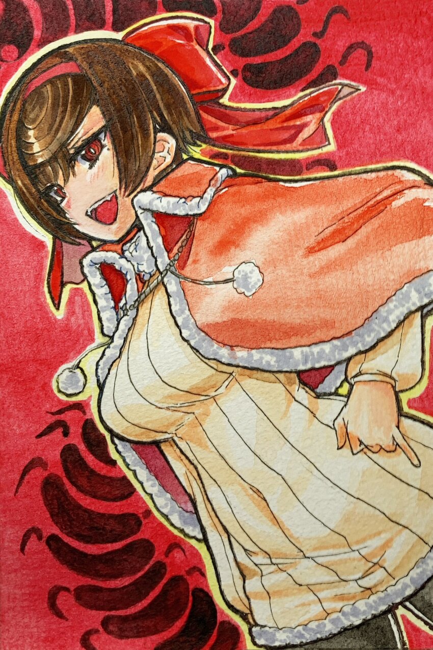 1girl black_hair bug cape centipede fur_trim girls_und_panzer girls_und_panzer_ribbon_no_musha hair_ribbon headband highres nabeyu nib_pen_(medium) open_mouth pantyhose pen_(medium) red_background red_eyes ribbon short_hair smile sweater traditional_media tsuruki_shizuka