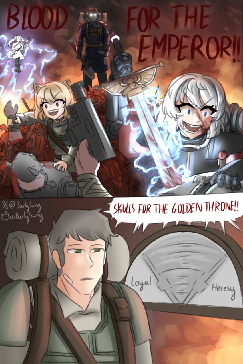 2boys 3girls adepta_sororitas animal_ears astra_militarum burlyswing cat_ears cat_girl chaos_(warhammer) confused death_korps_of_krieg english_text felinid fighting frieren gas_mask glowing glowing_eyes helmet highres holding holding_shovel holding_sword holding_weapon mask multiple_boys multiple_girls pile_of_corpses power_sword scar scar_on_face shovel sousou_no_frieren sword thunder warhammer_40k warhammer_40k:_darktide weapon white_hair