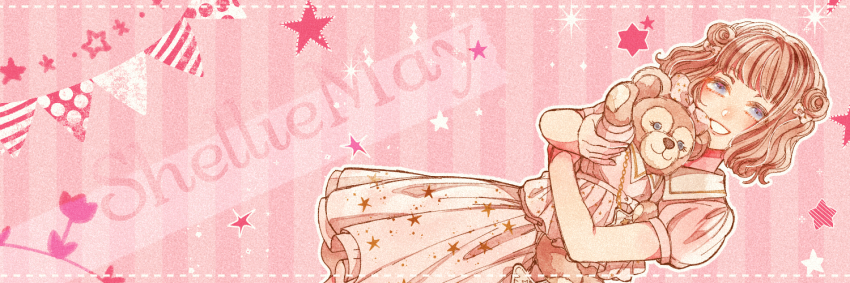 1girl animal_ears animification character_doll character_name doll double_bun duffy_and_friends hair_bun happy hime_cut holding humanization long_hair long_sleeves looking_at_viewer medium_hair mizala shelliemay shirt smile stuffed_animal stuffed_toy teddy_bear