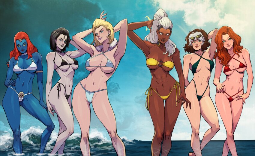 6+girls abs absurdres alternate_costume beach bikini black_bikini black_choker black_hair blonde_hair blue_eyes blue_skin blue_sky breasts brown_hair choker cloud colored_skin danusko dark-skinned_female dark_skin day domino_(marvel) earrings emma_frost eyewear_on_head facing_viewer green_bikini green_eyes hands_on_own_hips highres jean_grey jewelry large_breasts lipstick long_hair looking_at_viewer makeup marvel multicolored_hair multiple_girls mystique navel ocean storm_(x-men) outdoors ponytail purple_lips red_bikini red_hair red_lips rogue_(x-men) short_hair side-tie_bikini_bottom sky standing storm_(x-men) sunglasses swimsuit two-tone_hair water white_bikini white_choker white_eyes white_hair white_skin x-men yellow_bikini yellow_eyes