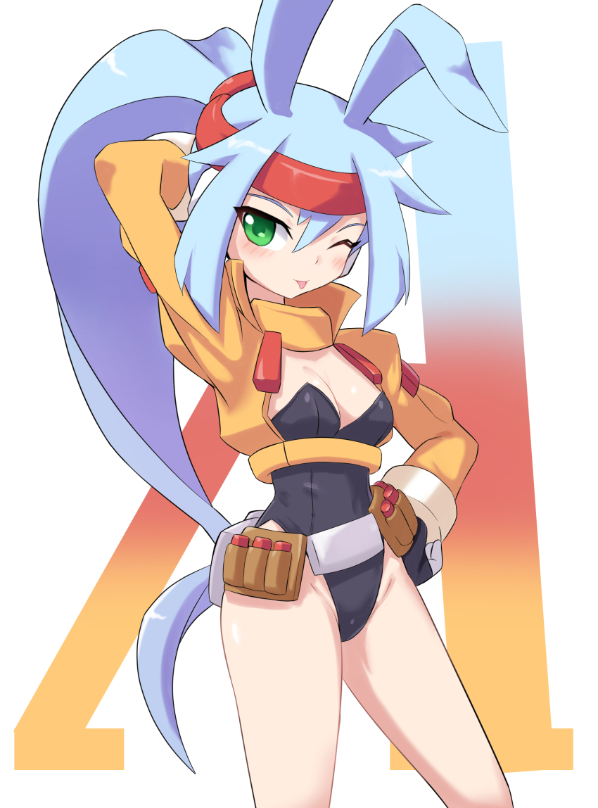1girl absurdres animal_ears arm_behind_back ashe_(mega_man) black_leotard blue_hair blush breasts cleavage cropped_jacket green_eyes hand_on_own_hip high_ponytail highres jacket leotard light_blue_hair long_hair medium_breasts mega_man_(series) mega_man_zx mega_man_zx_advent one_eye_closed orange_jacket playboy_bunny ponytail rabbit_ears revealing_clothes solo thighs tongue tongue_out zerokun135