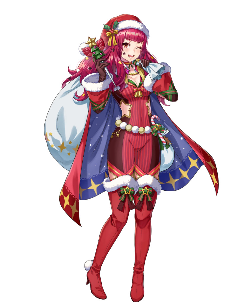 1girl blue_cape bodysuit boots breasts cape cleavage fire_emblem fire_emblem_engage fire_emblem_heroes hair_ornament hat highres holding holding_sack holly holly_hair_ornament ice_pick katze-reis-kuchen--nyankoromochi long_hair medium_breasts multicolored_cape nintendo non-web_source official_alternate_costume official_art open_mouth red_bodysuit red_boots red_cape red_hair sack santa_hat simple_background smile solo star_(symbol) star_hair_ornament star_print thigh_boots white_background yunaka_(fire_emblem) yunaka_(fire_emblem)_(spirited_envoy)