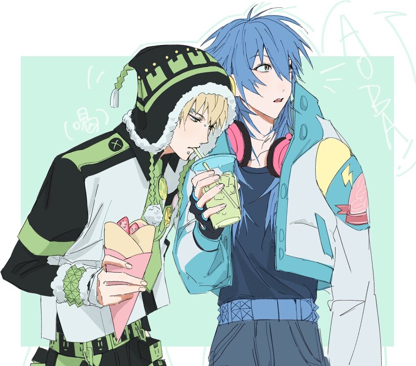 2boys beanie belt black_gloves blonde_hair blue_belt blue_hair blue_shirt bracelet bridge_piercing crepe cropped_jacket dramatical_murder drink drinking_straw drinking_straw_in_mouth earflap_beanie eyebrow_piercing fingerless_gloves food gloves green_necktie guansenice hat headphones headphones_around_neck highres holding holding_crepe holding_drink holding_food jacket jewelry layered_sleeves lip_piercing long_hair long_sleeves looking_to_the_side male_focus multiple_boys necktie noiz_(dramatical_murder) open_mouth piercing pink_headphones seragaki_aoba shirt short_over_long_sleeves short_sleeves studded_belt studded_bracelet white_jacket yellow_eyes