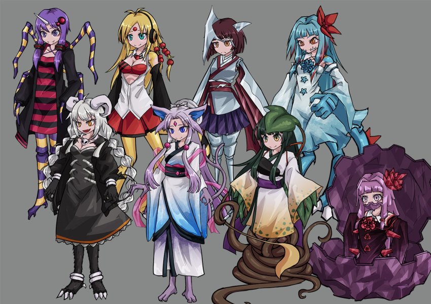 6+girls ampharos ariados arthropod_girl blouse character_request crocodilian_tail espeon feraligatr forretress gen_1_pokemon gen_2_pokemon grey_background houndoom multiple_girls nintendo pokemon pokemon_(creature) ray-k shirt simple_background skarmory striped_clothes striped_shirt tail touhoku_kiritan v-shaped_eyebrows victreebel vocaloid yuzuki_yukari