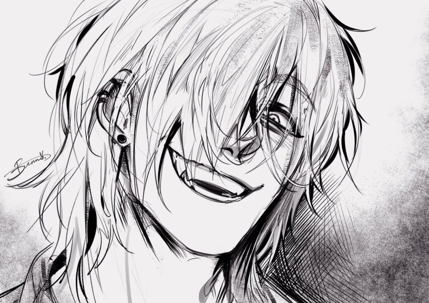 1boy degrees_of_lewdity earrings greyscale hair_over_one_eye jewelry little_bunno looking_at_viewer male_focus monochrome open_mouth portrait signature solo whitney_(degrees_of_lewdity) whitney_(male)_(degrees_of_lewdity)