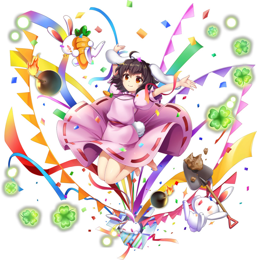1girl ahoge animal_ears barefoot bomb box brown_hair carrot carrot_necklace closed_mouth clover confetti dress explosive four-leaf_clover full_body game_cg gift gift_box highres inaba_mob_(touhou) inaba_tewi jewelry legs_up looking_at_viewer medium_hair necklace official_art pendant pink_dress puffy_short_sleeves puffy_sleeves rabbit rabbit_ears rabbit_girl rabbit_tail red_eyes ribbon-trimmed_dress ribbon_trim rotte_(1109) short_sleeves shovel smile solo tail third-party_source toes touhou touhou_lostword transparent_background