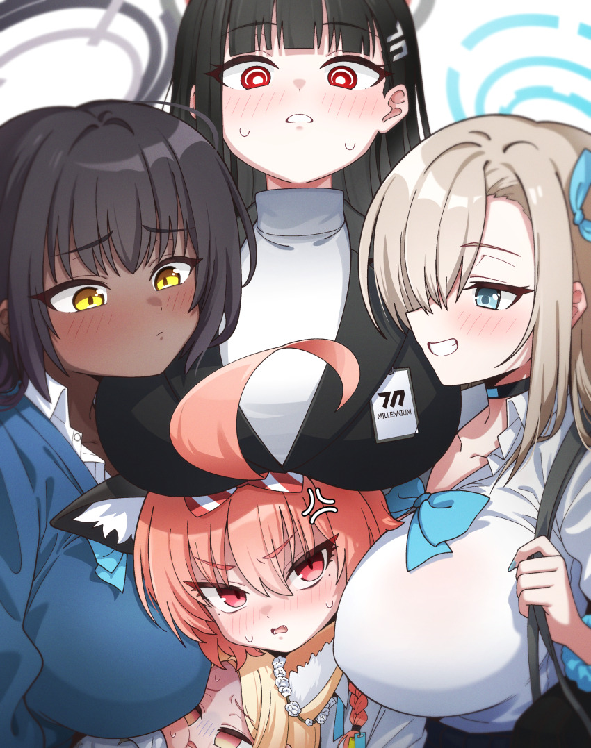 5girls absurdres ahoge animal_ears aqua_eyes asuna_(blue_archive) asuna_(school_uniform)_(blue_archive) between_breasts black_suit blue_archive blue_bow blue_bowtie blue_halo blue_sweater_vest blush bow bowtie breast_lift breast_rest breasts breasts_on_head bright_pupils choker collared_shirt formal_clothes fox_ears golmonggu grey_halo hair_ribbon halo head_between_breasts highres huge_ahoge huge_breasts karin_(blue_archive) karin_(school_uniform)_(blue_archive) mole mole_under_eye multiple_girls neru_(blue_archive) neru_(school_uniform)_(blue_archive) open_mouth red_eyes red_hair ribbon rio_(blue_archive) seia_(blue_archive) shirt standing suit sweat sweater_vest white_pupils white_shirt yellow_eyes