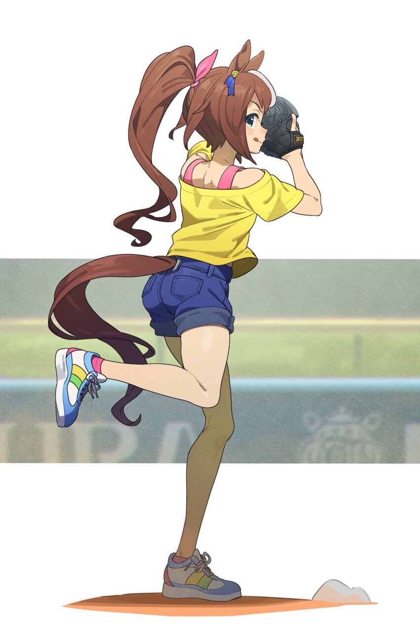 1girl animal_ears baseball_glove blue_eyes bow commentary_request denim denim_shorts ear_ribbon full_body hair_bow highres horse_ears horse_girl horse_tail long_hair multicolored_hair nishiki_kazue pink_bow pink_sports_bra pitching_mound shirt shoes shorts sneakers solo sports_bra standing standing_on_one_leg streaked_hair t-shirt tail tokai_teio_(umamusume) tongue tongue_out umamusume white_hair yellow_shirt