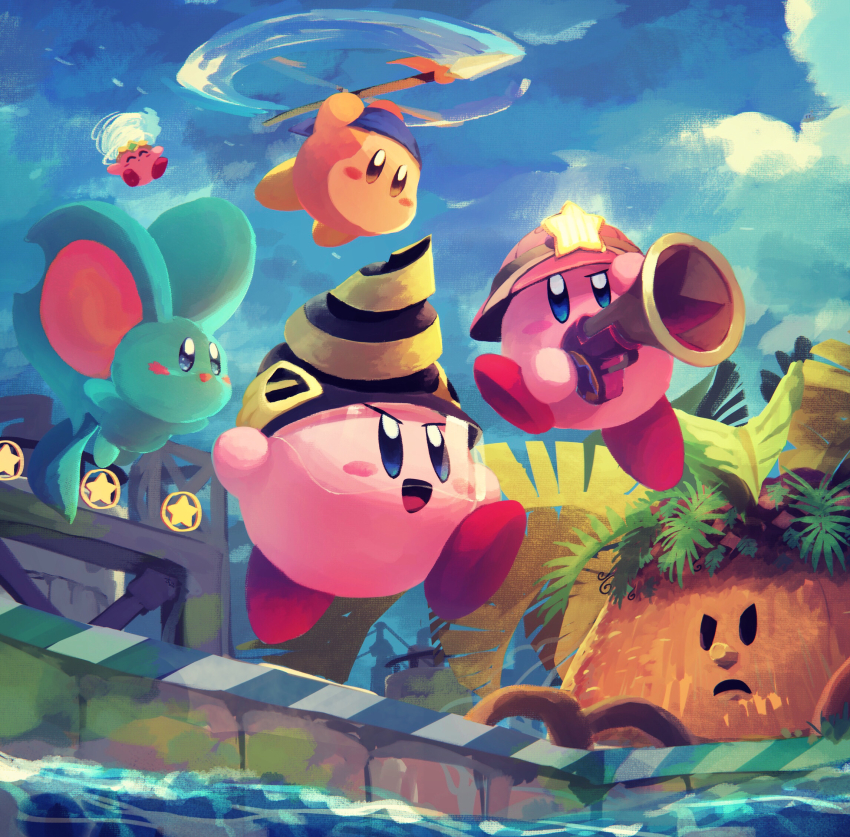 bandana_waddle_dee character_request closed_eyes cloud cloudy_sky copy_ability drill drill_kirby elfilin flying frown gun helmet highres kirby kirby_(series) kirby_and_the_forgotten_land looking_to_the_side multiple_persona nintendo open_mouth polearm ranger_kirby sky spear star_(symbol) suyasuyabi tongue tornado tornado_kirby walking water weapon