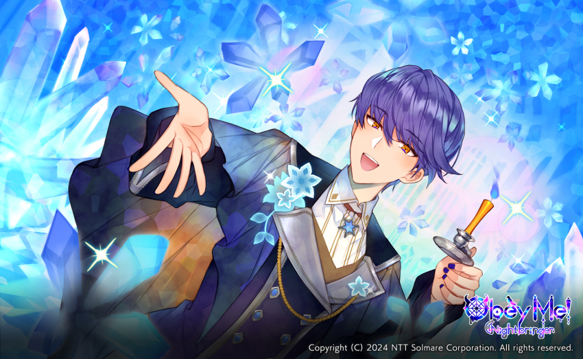 1boy :d beckoning blue_cape blue_fire blue_nails buttons candle candlestand cape collared_shirt copyright_name copyright_notice diamond_button double-breasted dutch_angle fire hair_between_eyes highres holding holding_candle jacket kuroyuki leviathan_(obey_me!) looking_at_viewer male_focus obey_me!:_one_master_to_rule_them_all! obey_me!_nightbringer official_art open_mouth orange_eyes pendant_choker purple_hair purple_jacket shirt short_hair smile snowflake_brooch snowflake_choker snowflakes solo sparkle teeth upper_body upper_teeth_only white_shirt