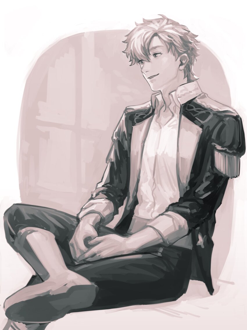 1boy boots collared_jacket collared_shirt fire_emblem fire_emblem:_three_houses garreg_mach_monastery_uniform greyscale highres jacket looking_ahead male_focus monochrome nintendo open_clothes open_collar open_jacket pants parted_bangs popped_collar school_uniform shirt shirt_tucked_in short_hair sitting sleeve_cuffs smile solo sylvain_jose_gautier tassel yutteri
