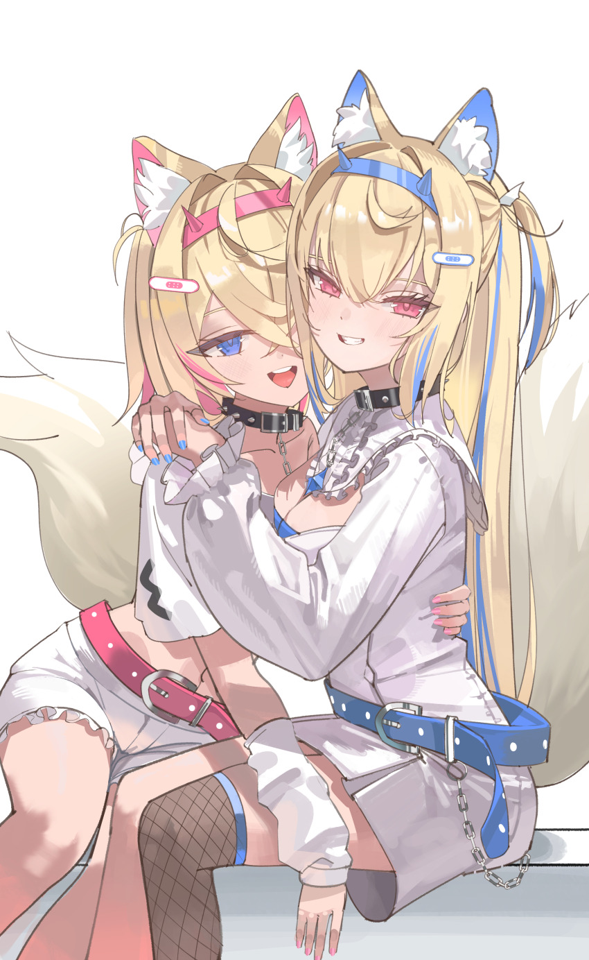 2girls :d absurdres animal_collar animal_ear_fluff animal_ears bandaid bandaid_hair_ornament belt belt_collar black_collar blonde_hair blue_belt blue_eyes blue_hairband blue_nails breasts chain cleavage collar commentary_request dog_ears dog_girl fuwawa_abyssgard grin hair_ornament hairband highres hololive hololive_english horn_hairband hug long_hair long_sleeves looking_at_viewer mococo_abyssgard multicolored_hair multiple_girls open_mouth pink_belt pink_eyes pink_hairband pink_nails shorts siblings simple_background single_thighhigh siopon12 sisters smile spiked_collar spikes streaked_hair thighhighs twins virtual_youtuber white_background white_shorts