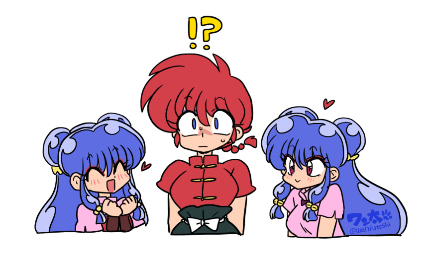 !? 2girls blue_eyes braid chinese_clothes genderswap genderswap_(mtf) hair_between_eyes multiple_girls multiple_views purple_hair ranma-chan ranma_1/2 red_eyes red_hair saotome_ranma shampoo_(ranma_1/2) short_sleeves simple_background single_braid tangzhuang wanta_(futoshi) white_background