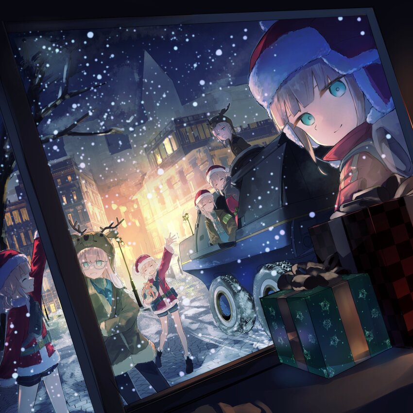 absurdres aqua_eyes baker_nemo_(fate) baker_nemo_(santa)_(fate) ball blonde_hair braid captain_nemo_(fate) captain_nemo_(santa)_(fate) christmas_present city engineer_nemo_(fate) engineer_nemo_(santa)_(fate) fate/grand_order fate_(series) fur_hat gift glasses hat highres kamome_umitsuki lamppost marine_nemo_(fate) marine_nemo_(santa)_(fate) mole mole_under_eye nemo_(fate) night nurse_nemo_(fate) nurse_nemo_(santa)_(fate) professor_nemo_(fate) professor_nemo_(santa)_(fate) reindeer_hat santa_costume santa_hat shorts smile snow soccer_ball ushanka waving
