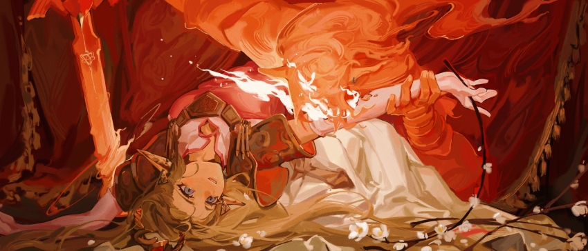 absurdres arched_back arm_grab armor blonde_hair blue_eyes broken_arm burning burnt_clothes curtains dissolving dress earrings elbow_gloves fingerless_gloves fire fire_body flower gloves hair_ornament hairclip highres jewelry leaning_forward light_brown_hair link looking_afar looking_to_the_side lying nintendo octahooves on_back orange_fire orange_theme outstretched_arms pauldrons pink_dress pink_gloves planted planted_sword planted_weapon pointy_ears princess_zelda shoulder_armor spread_arms sword tassel the_legend_of_zelda the_legend_of_zelda:_ocarina_of_time weapon white_flower white_gloves wince