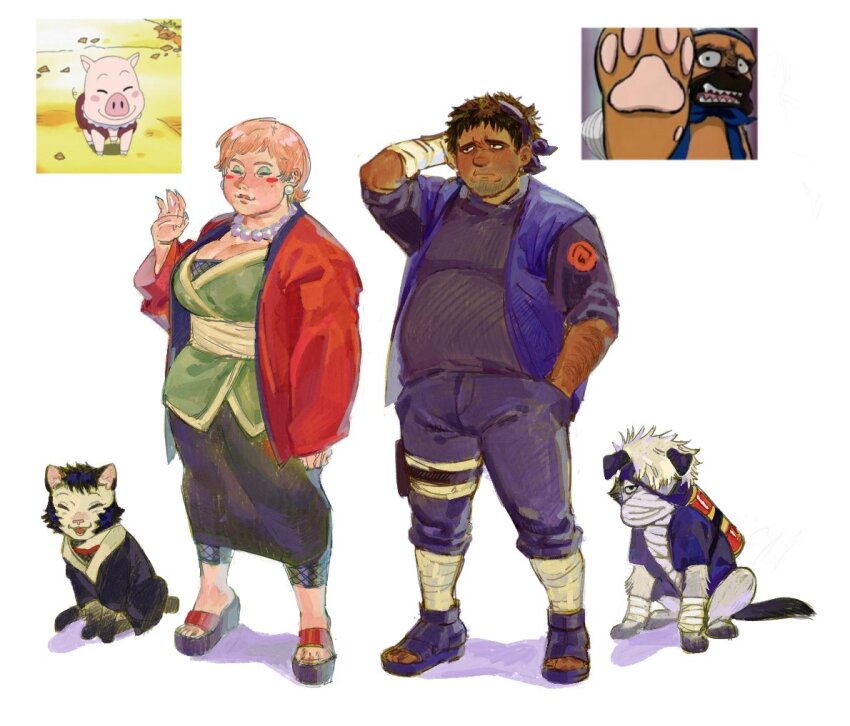 animal animalization beard_stubble breasts cat cleavage clothed_animal dark-skinned_male dark_skin facial_hair fat fat_man forehead_protector hatake_kakashi large_breasts long_skirt mapplepng1 naruto_(classic) naruto_(series) pakkun_(naruto) personification plump reference_inset shizune_(naruto) short_hair simple_background skirt smile stubble tonton_(naruto)